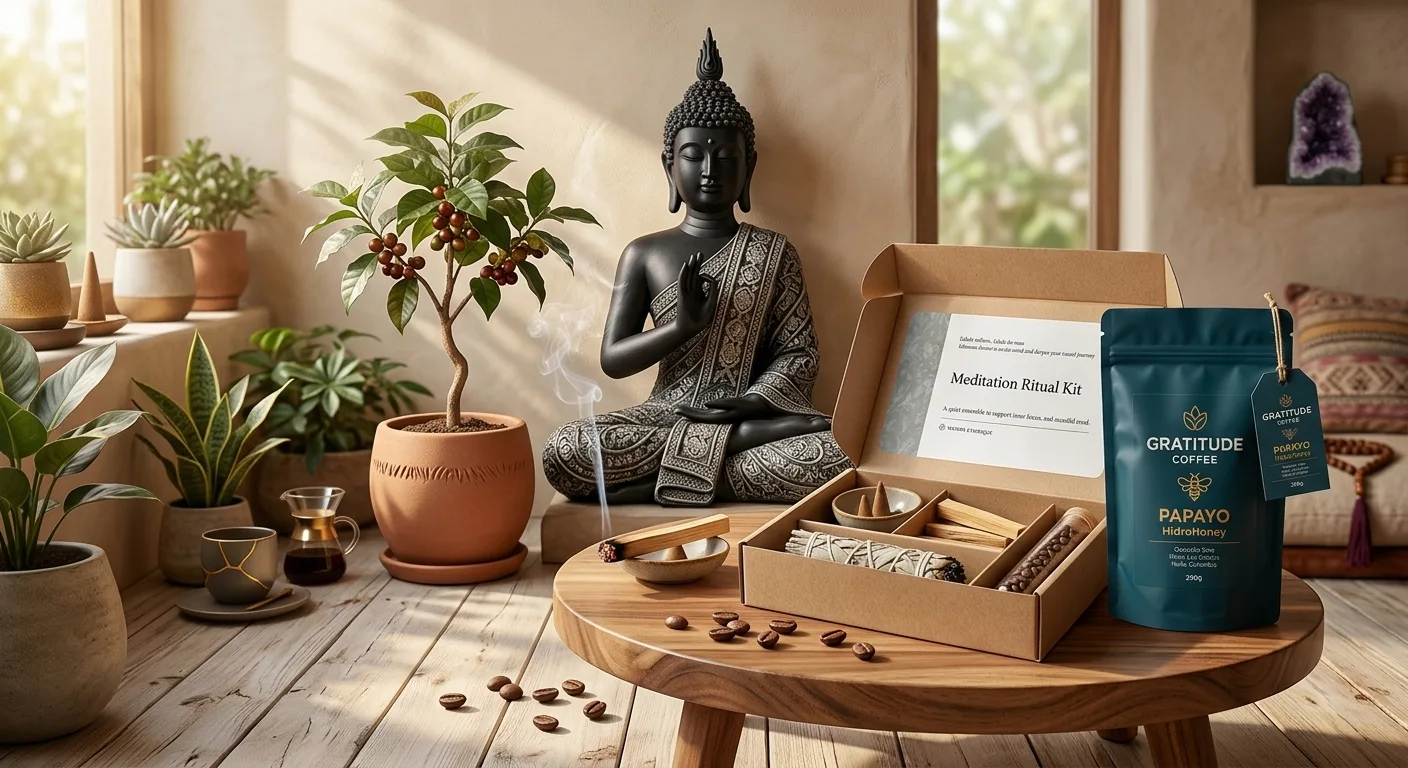 Altar matutino con el kit de Gratitud Coffee, Buda y una planta de café junto a la ventana