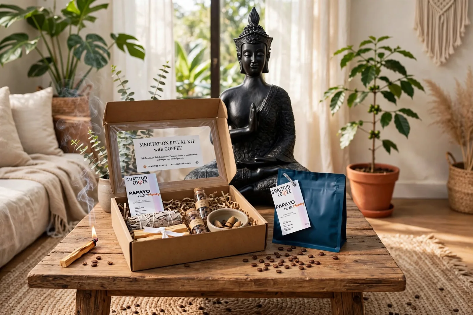 Sala luminosa con el kit de Gratitud Coffee, Buda, sahumerio encendido y una planta de café