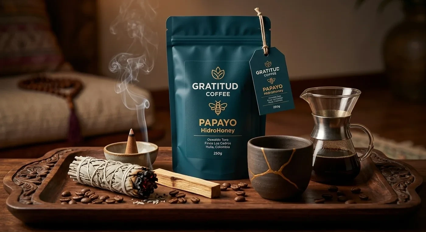 Bandeja de madera con café Papayo HidroHoney, cuenco kintsugi, salvia, palo santo e incienso encendido